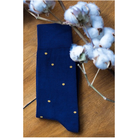 Navy blue socks with mustard dots