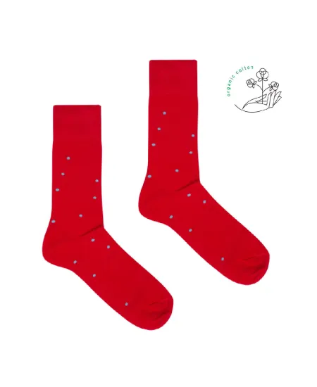 Red socks with sky blue dots