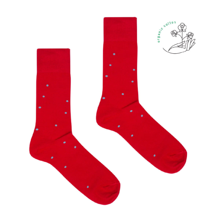 Red socks with sky blue dots